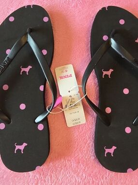PINK Victoria's Secret Black Flip Flops with Pink Polka Dots